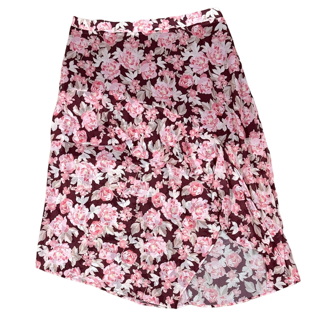Eloquii Asymmetrical Floral Flowy Midi Skirt in Burgundy Pink and Cream SKU1286